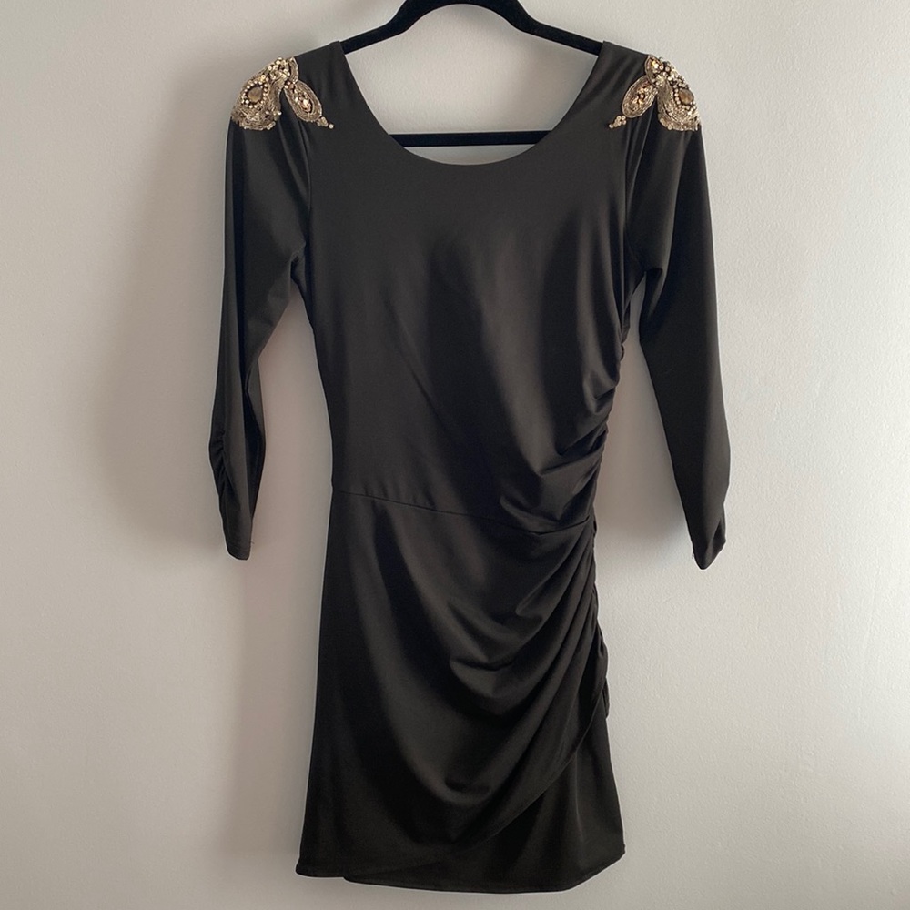 Black cocktail/party dress with beaded shoulders and open back gathered details